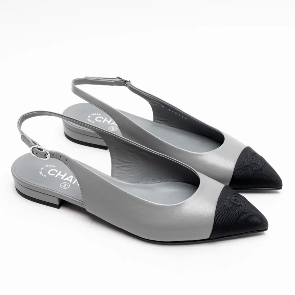 Chanel 24A Gray Leather Black CC Logo Coco Slingback Pointed Toe Ballet Flat 36c - Picture 3 of 16
